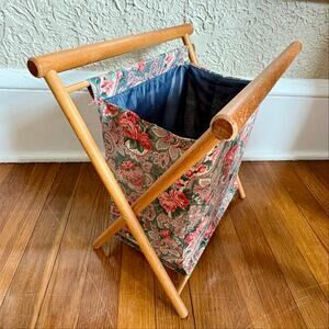 Vintage Folding Sewing Basket, Floral Fabric Wood Frame Tote